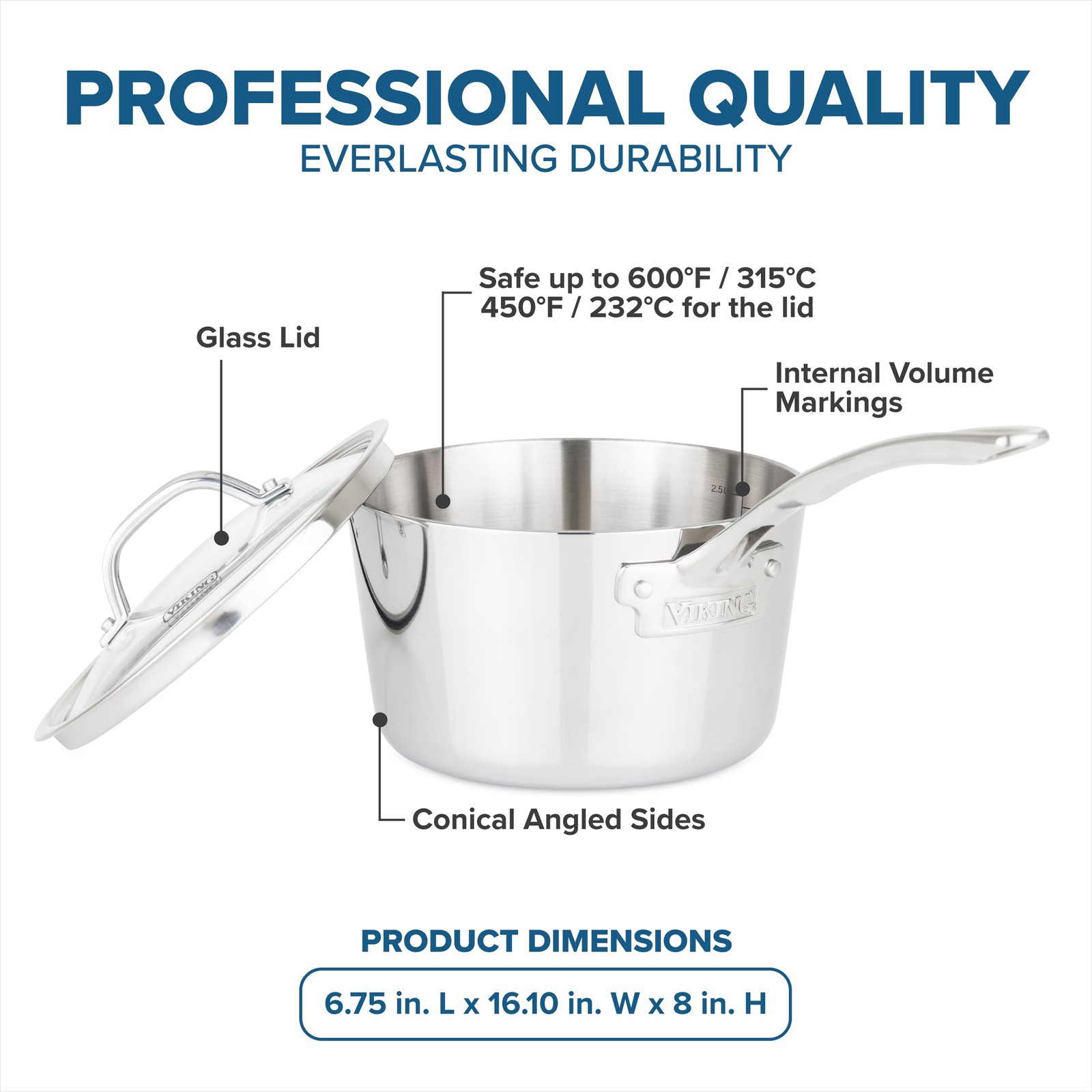 Viking Contemporary 3-Ply Stainless Steel Sauce Pan Glass Lid 3.4 Quart Cooking