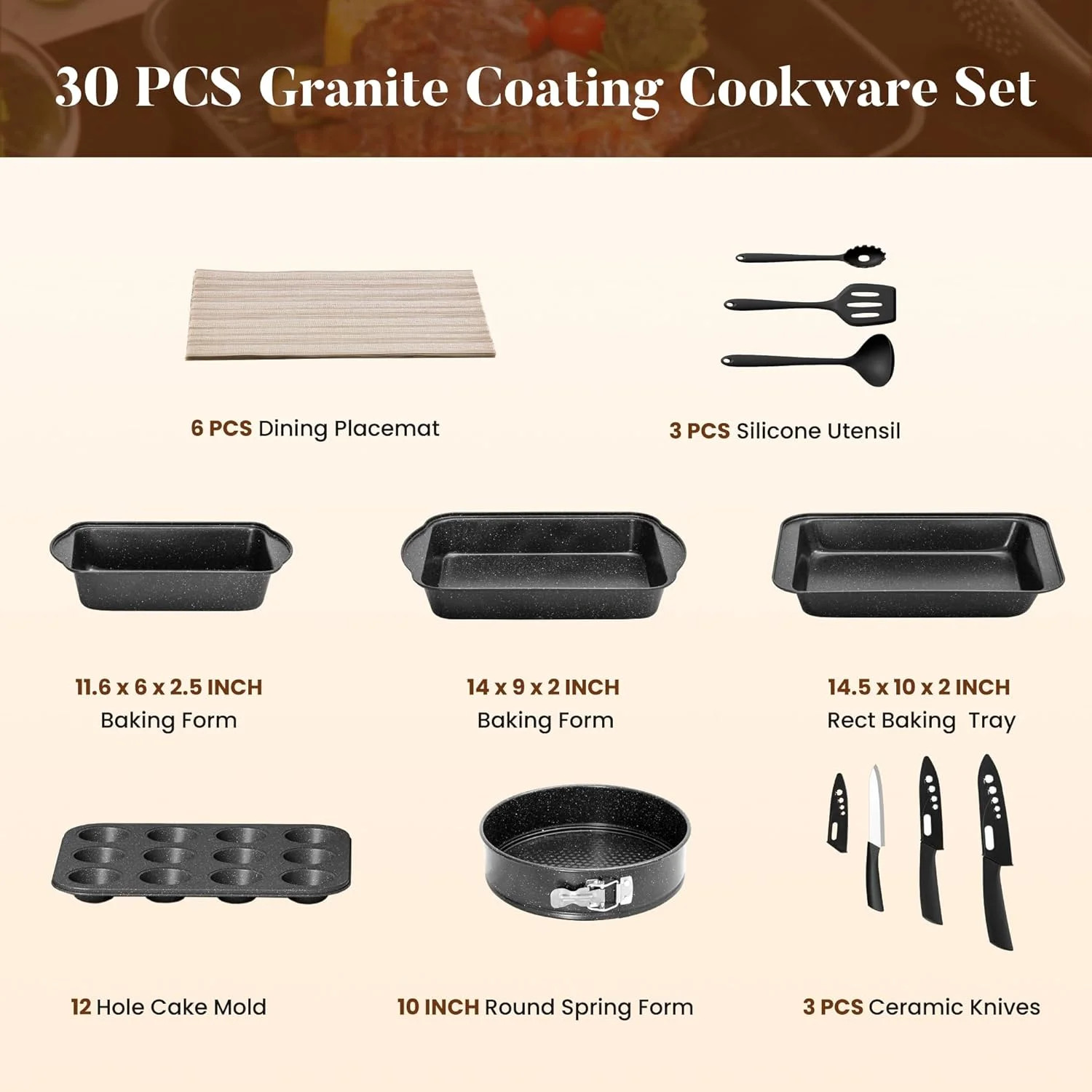 Kitchen Induction Cookware & Bakeware Set – 30 Piece Black Granite Cooking Pans