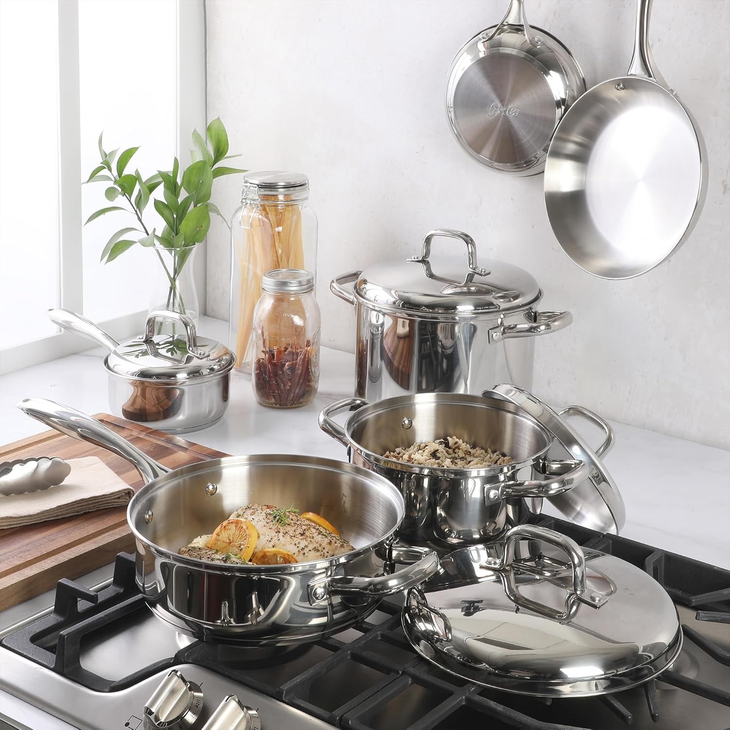 Oster Platinum Sedwick Stackable Stainless Steel Pots and Pans Cookware Set W/Do