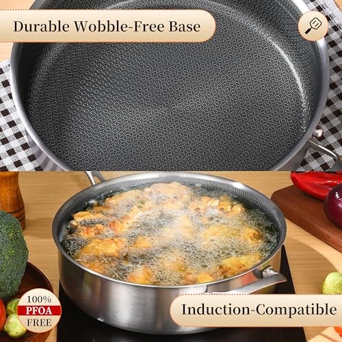 12″ Deep Frying Pan with Lid – Nonstick 5QT Tri-Ply Stainless – 5QT with Lid