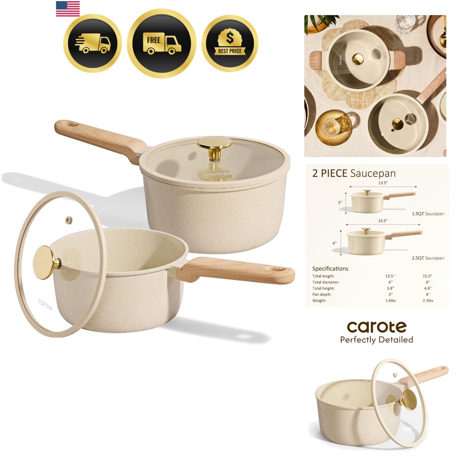 1.5Qt & 2.5Qt Sauce Pan Sets with Lid Ceramic Nonstick Pot Set Non Toxic Sauc…