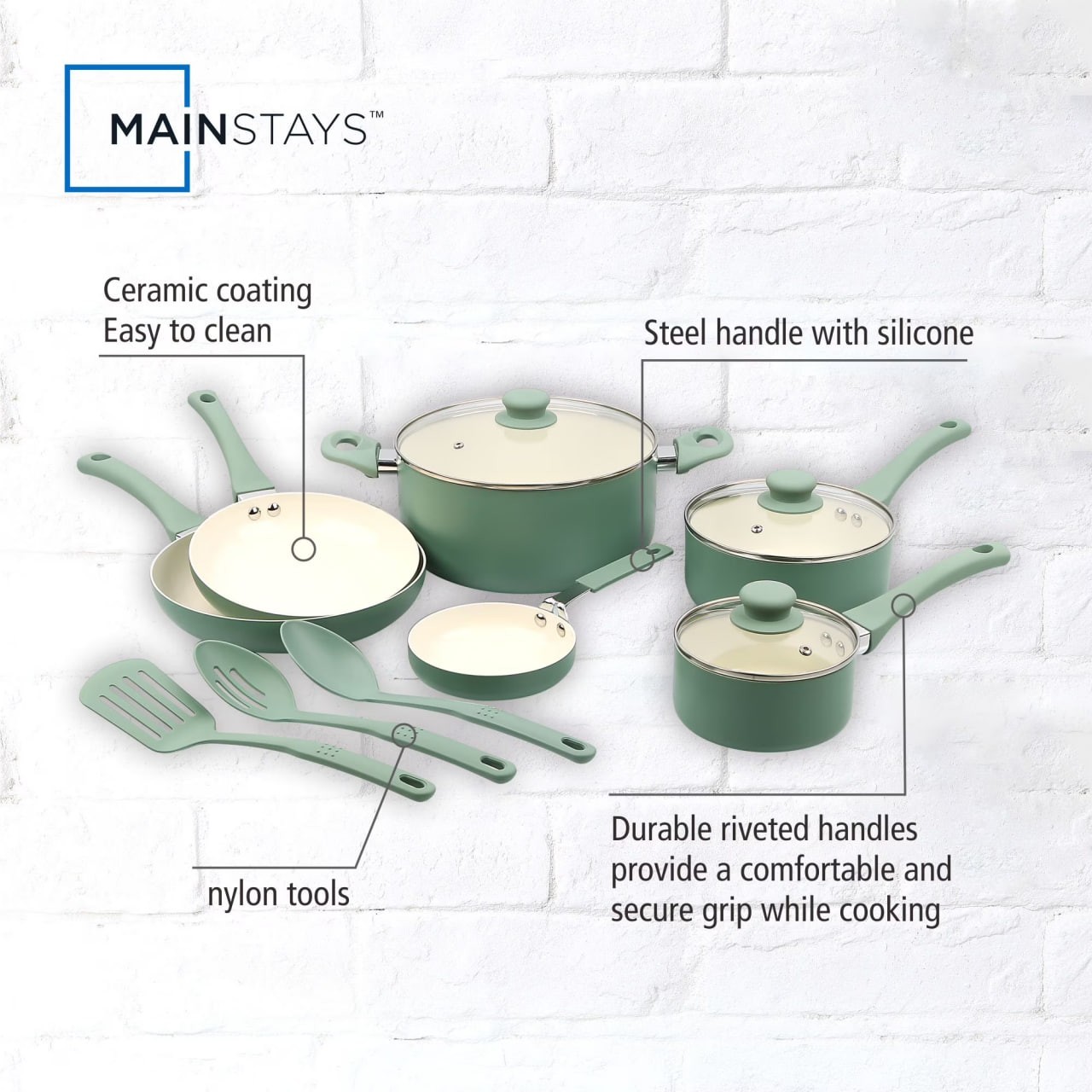 Mainstays Ceramic Aluminum, 12 Piece, Pots and Pans Cookware Set Green Nonstick
