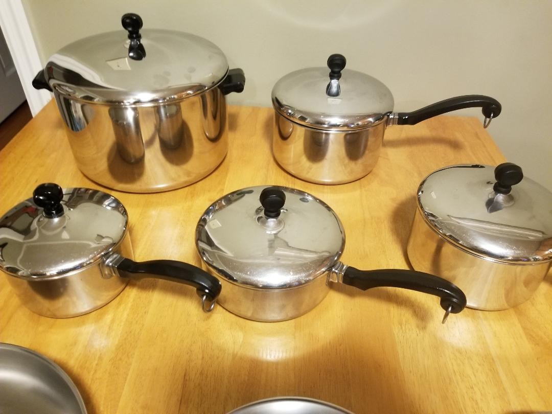 15 piece set VTG Farberware Aluminum Clad Stainless mixing bowls w/8 QT Stockpot