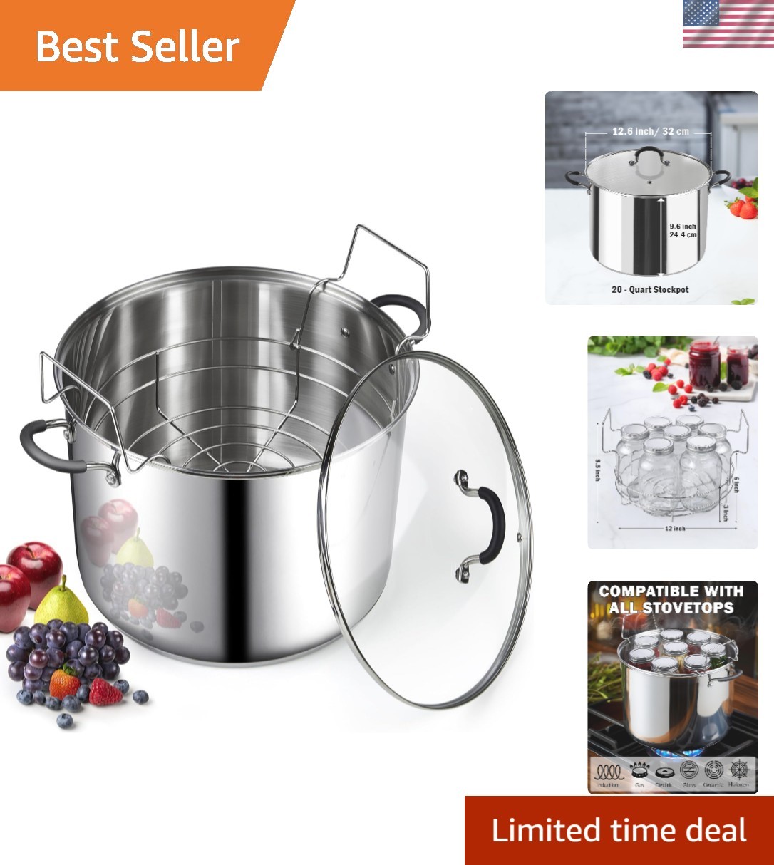 Water Bath Canner, 24 Quart Stainless Steel Stockpot | Large Pot with Stay-Co…