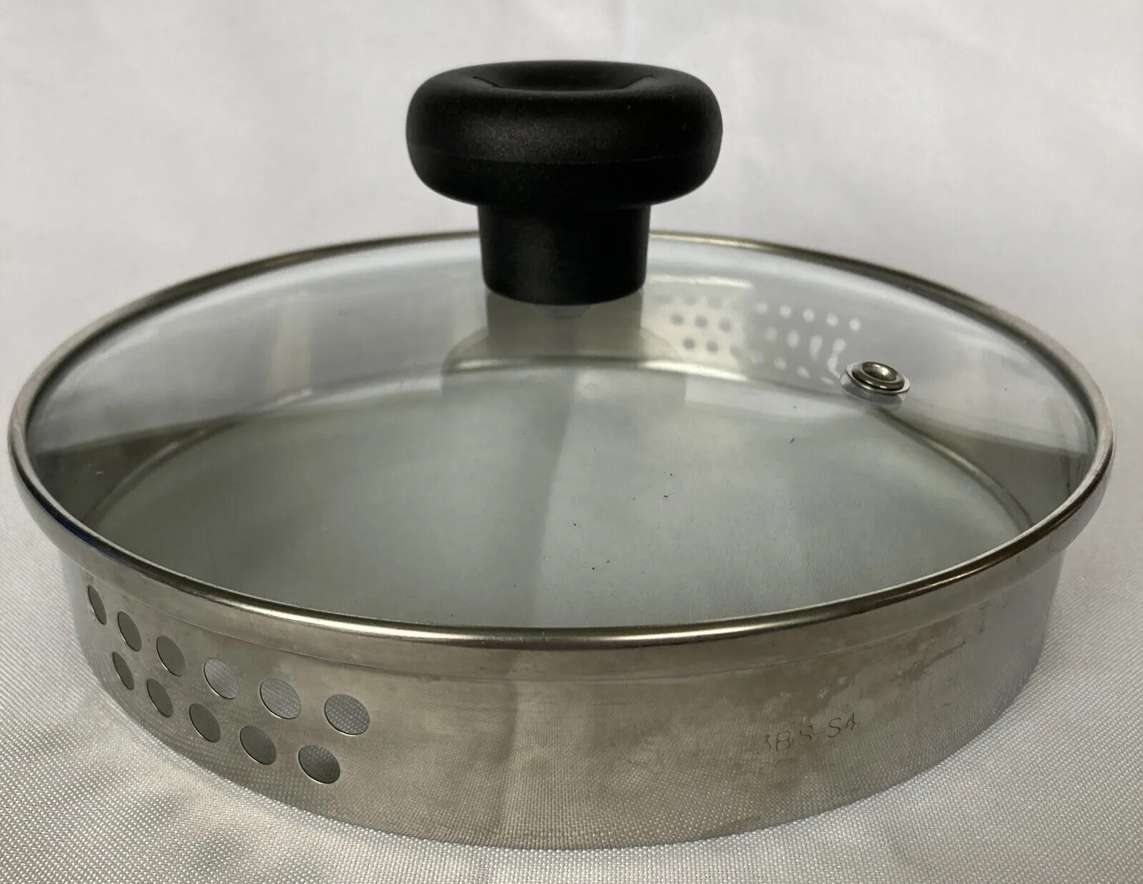 T-fal Replacement Lid 7″ Strainer Sides Glass Stainless Steel Black Handle Vent