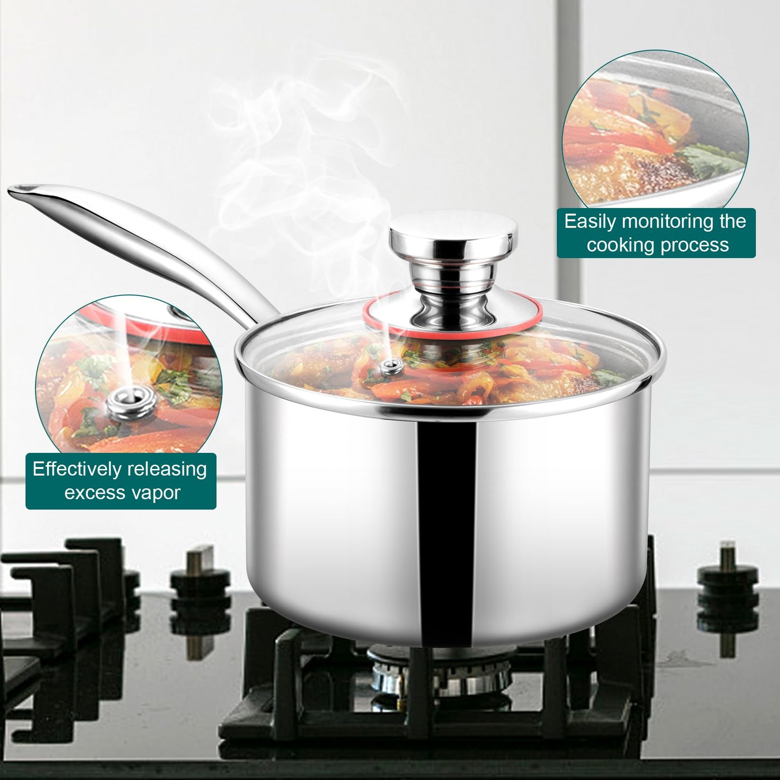 TeamFar 3qt Saucepan with Lid, Stainless Steel Tri-ply Pasta Sauce Milk Pan Smal