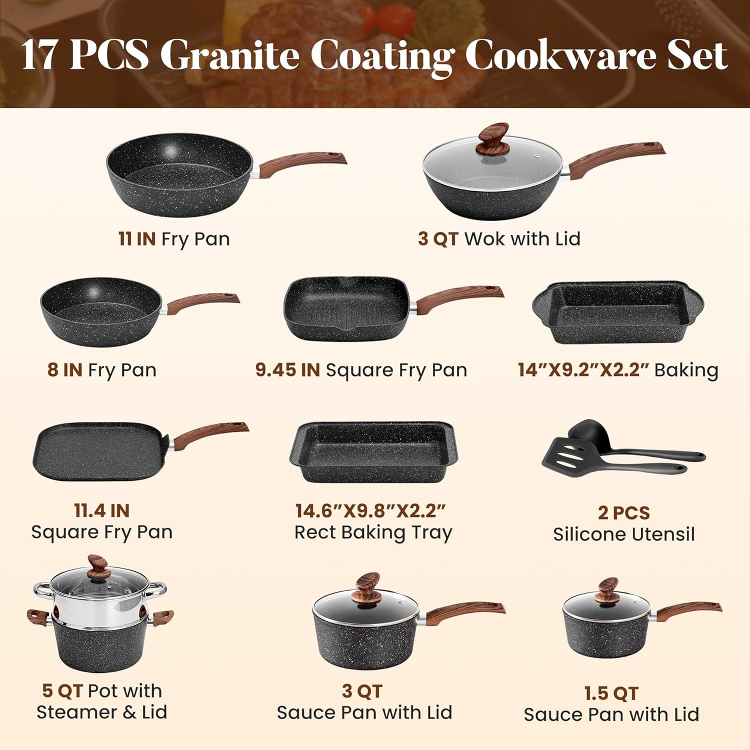 New Cookware Set-17 Piece Non-Stick Cooking Pan Set, Black Granite Pots and Pans
