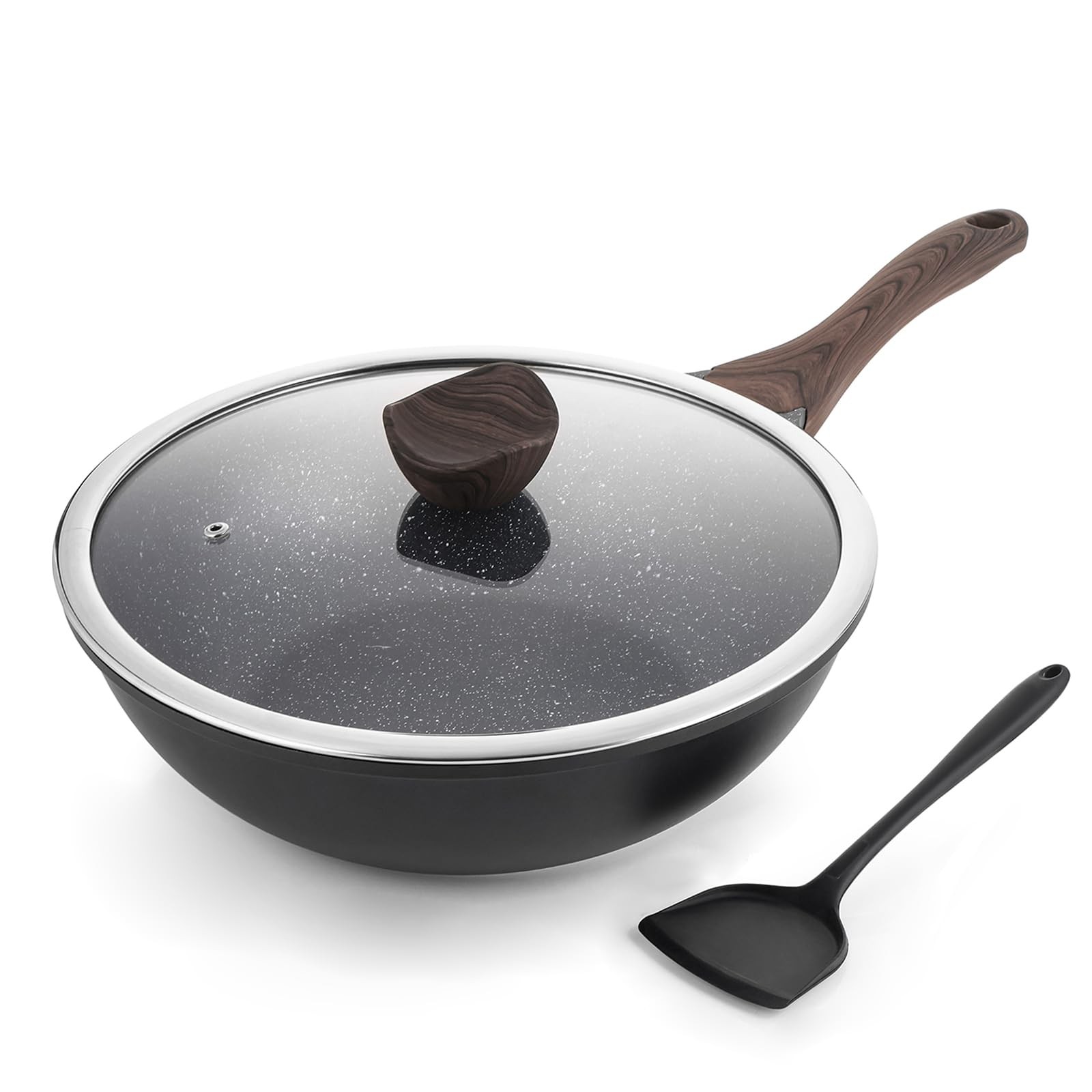 12 Inch Nonstick Wok With Lid Granite Stone Coating Induction Kitchen Cookware