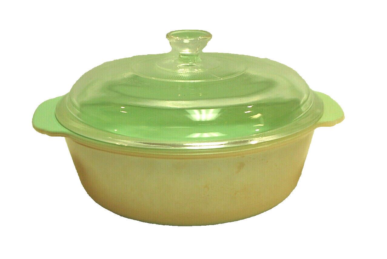 Fire King Peach Luster Casserole Green Interior and Glass Lid 1-1/2 qt. S9340