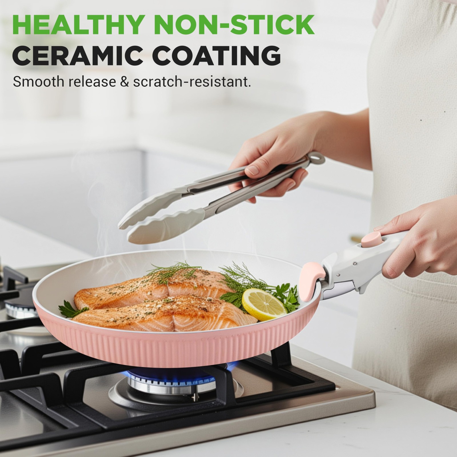 NutriChef 18-Piece Ceramic Cookware Set Detachable Handles Pink