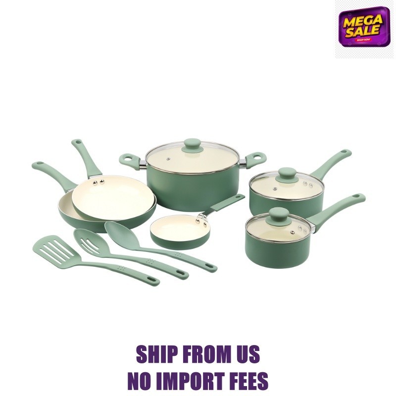 Mainstays Ceramic Aluminum, 12 Piece, Pots and Pans Cookware Set Green Nonstick