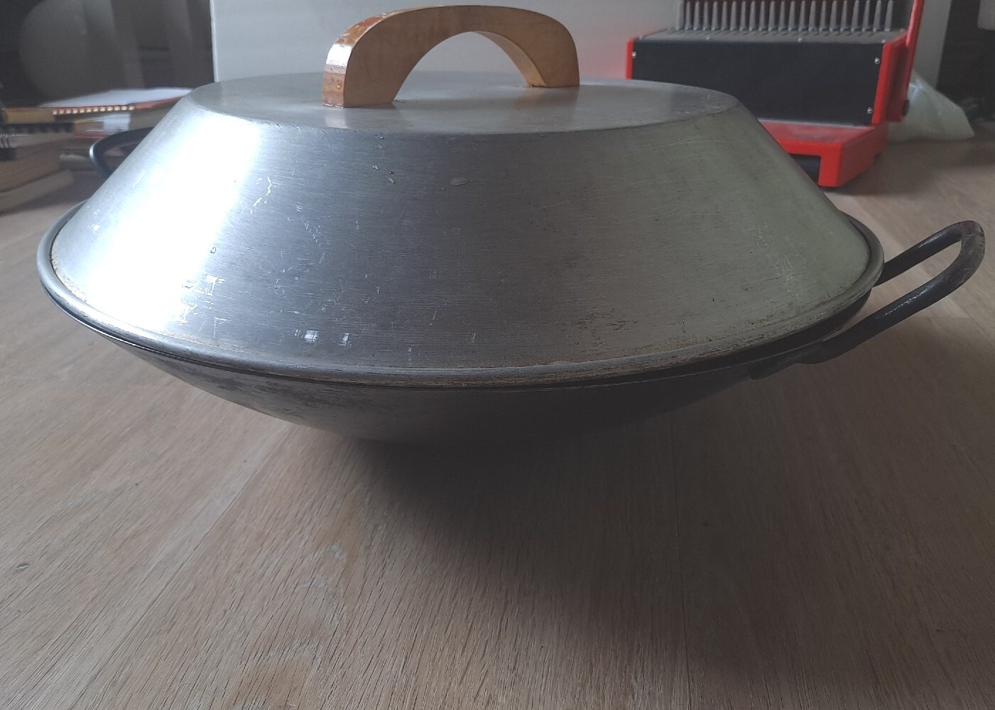 Vintage Commercial Carbon Steel Wok Chinese 17.5″ Welded Handle Industrial Lid