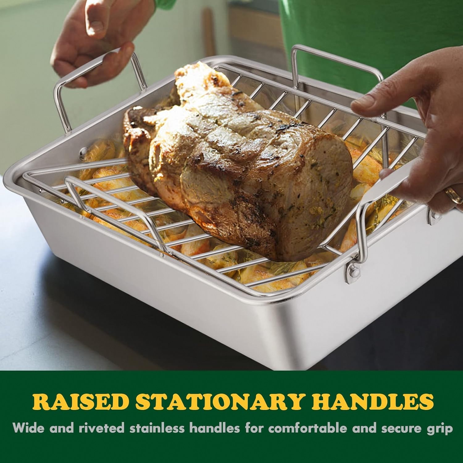 E-far Roasting Pan 16×11.5 Stainless Steel Turkey Roaster Rack
