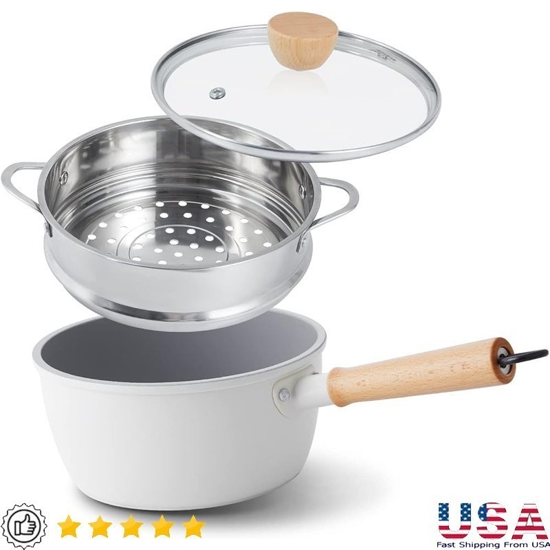 Nonstick Ceramic Saucepan W/ Lid Wooden Handle Steamer Pot 3QT Heat Resistant US