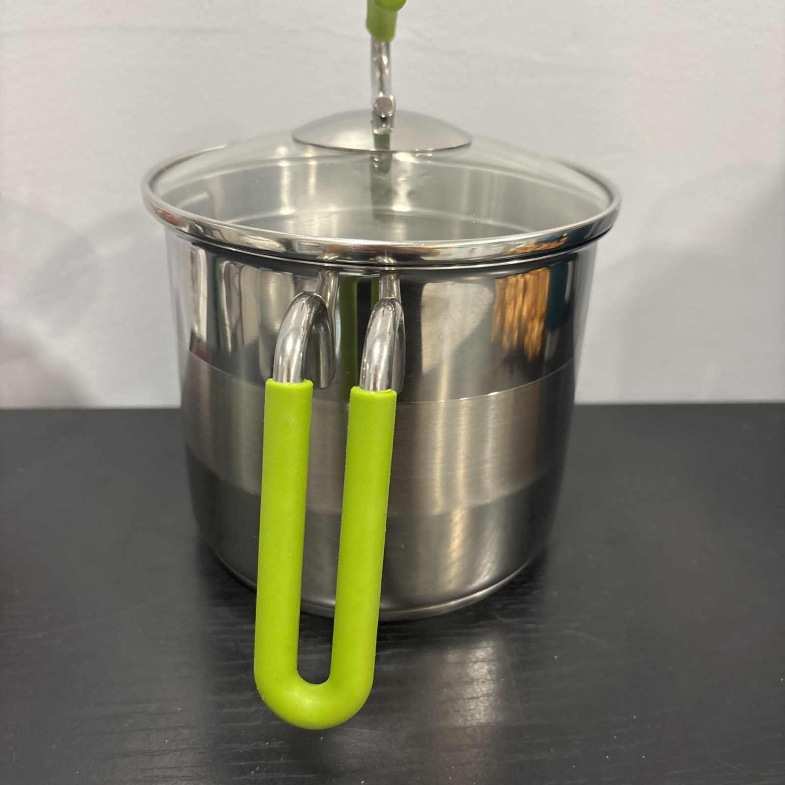 Kuhn Rikon Burner Pot 7 Cup 18/10 Stainless Straining Glass Lid green 2012