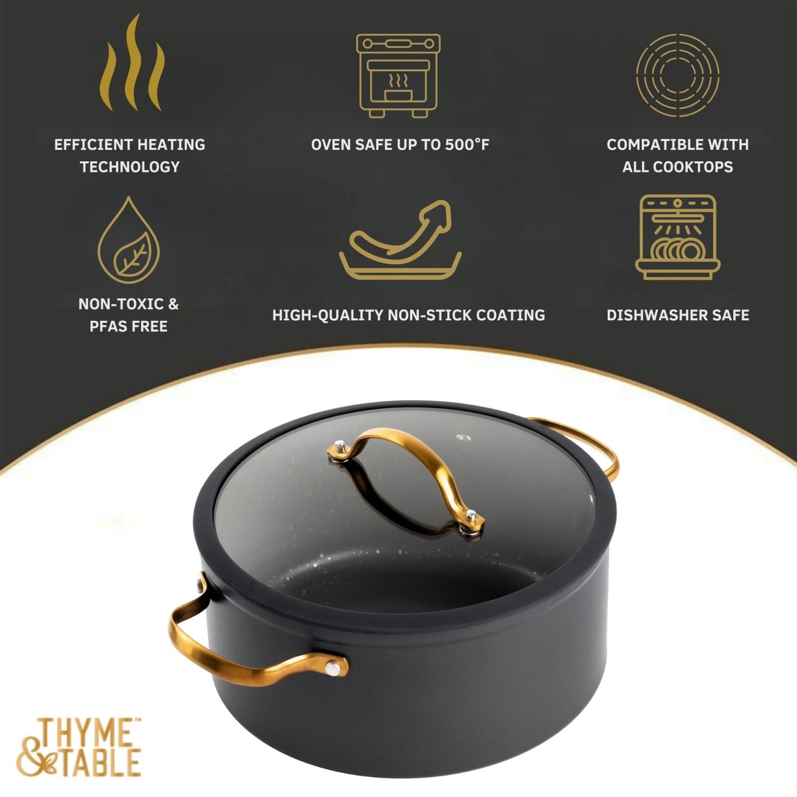 Thyme & Table 5 Qt Non-Stick Stock Pot with Glass Lid in Black & Gold, Signature