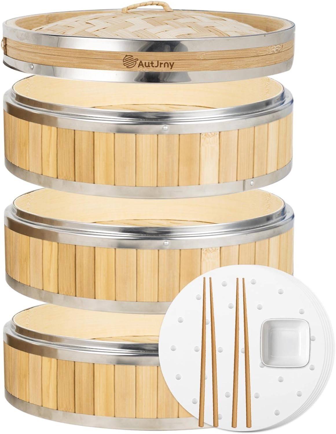 11.8-Inch Vertical Bamboo Steamer Basket, 3-Tier with Stainless Steel Rings | 50