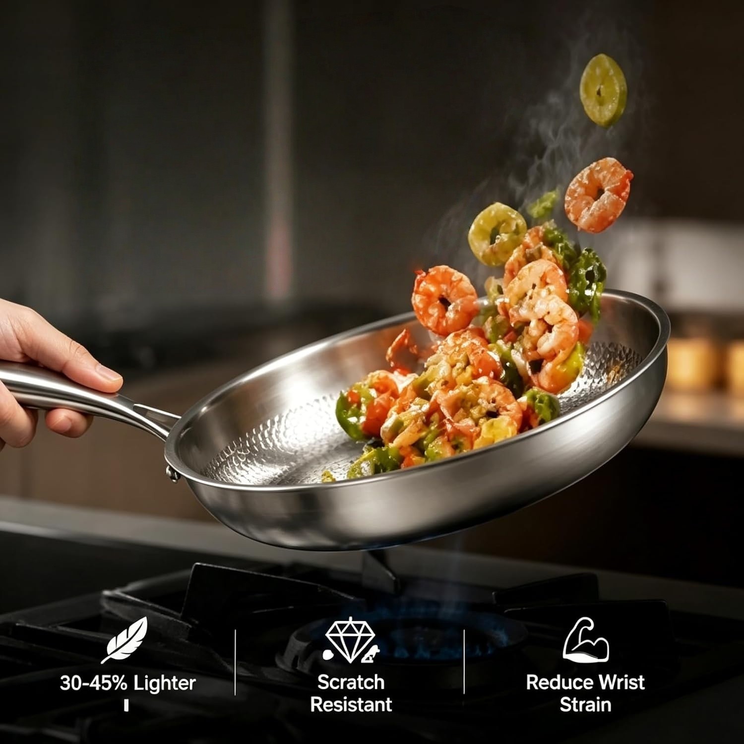 10.2In Titanium Hammered Pan Pro for Cooking, Titanium Pan with Lid Non Stick