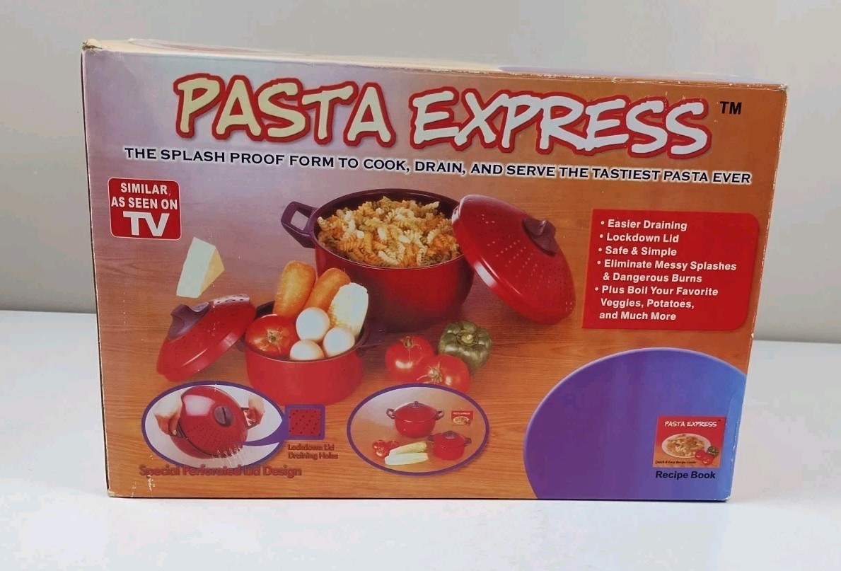 Pasta Express One (1) Red 2 Qt Non-Stick Pasta Pot With Locking Strainer Lid