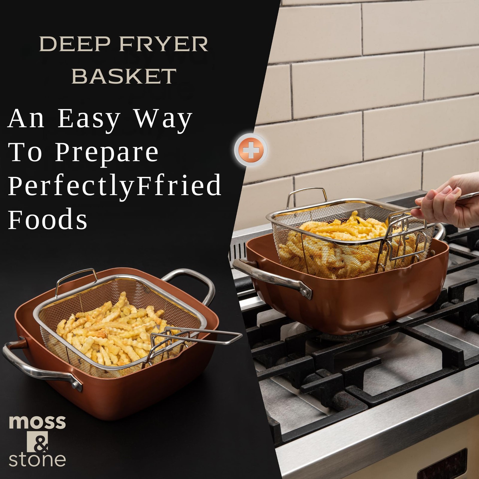 Moss & Stone 7PC Copper Nonstick Square Deep Frying Pan 5Qt Round Pot Basket Set
