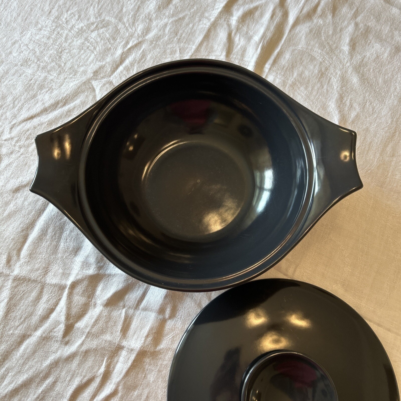 Monterey Pottery Casserole Dish OS Black Lidded Side Handles Retro Kitchen