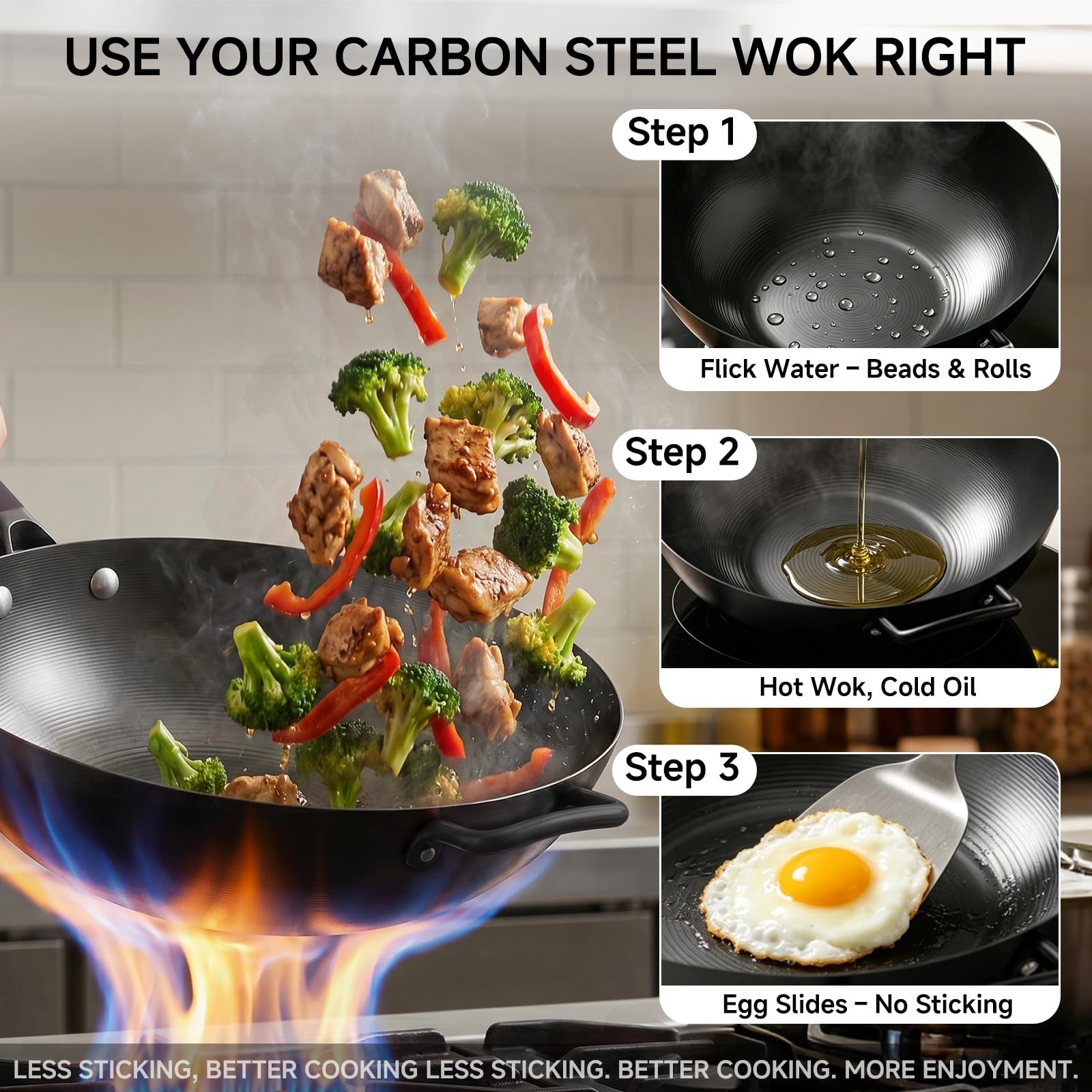 SUMEIGUAN 13.5″ Carbon Steel Wok Pan PreSeasoned Flat Bottom Woks & Stirfry …