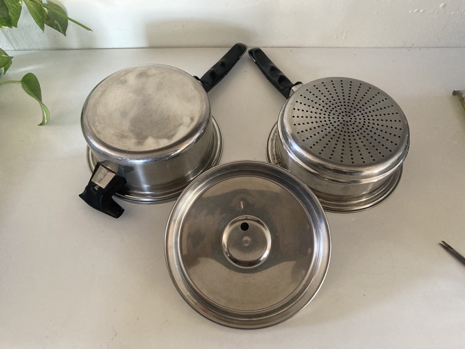 Vtg VACUMATIC 2qt SAUCEPAN w/STEAMER & VENT LID Surgical Stainless Steel 304 Flw