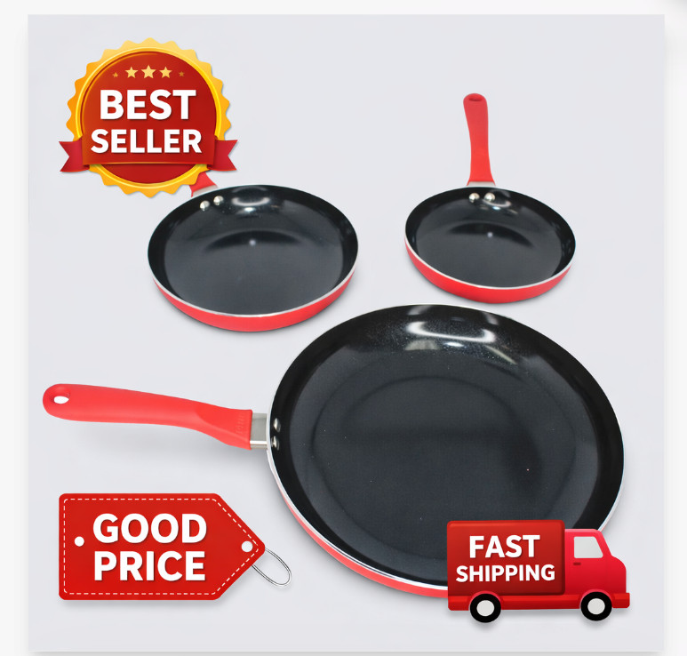3pc Nonstick Ceramic Cookware Set 7in 9in 11in Aluminum Red Stay Cool
