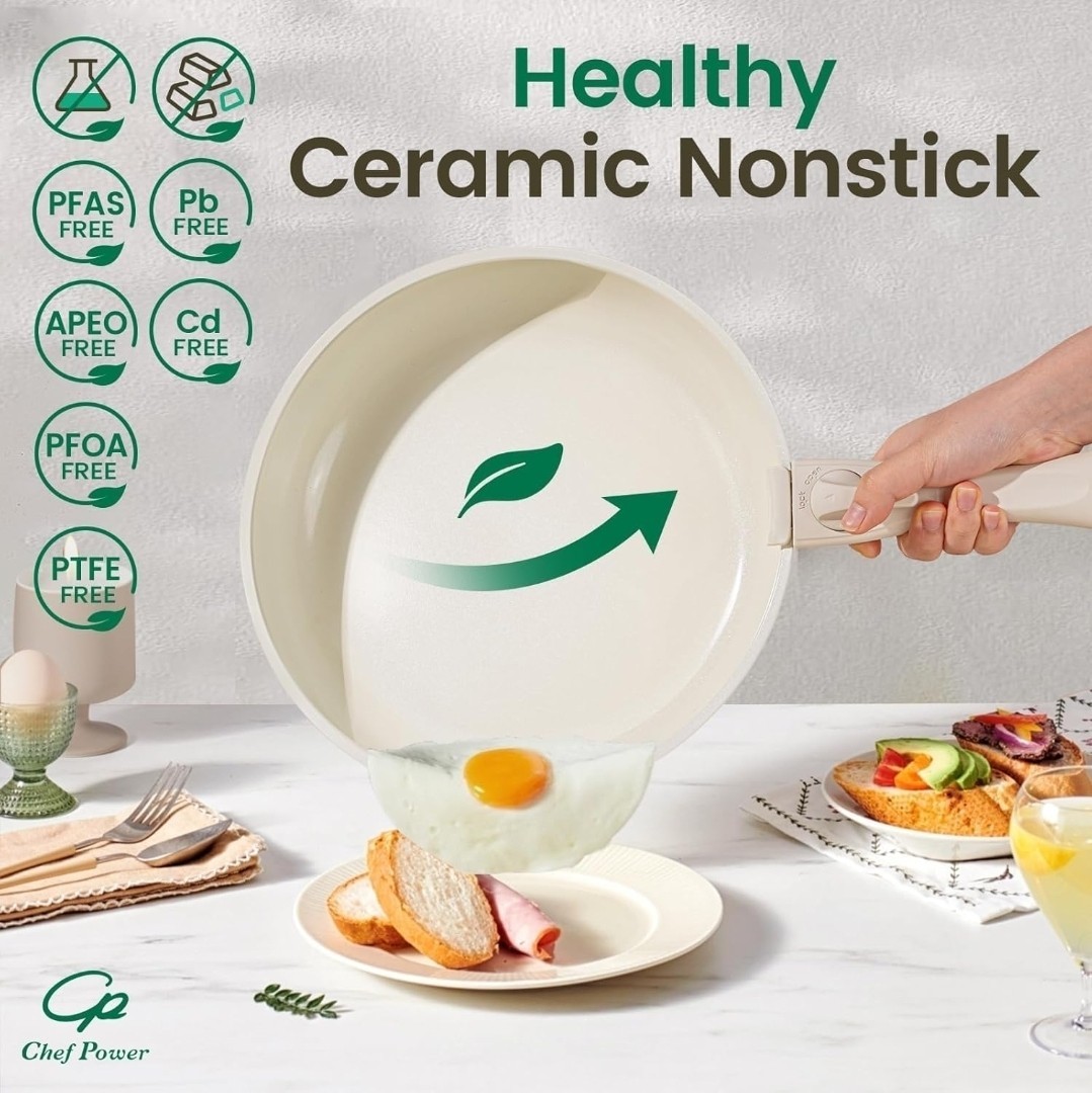 Chef Power Ceramic Cookware Set with Detachable Handles, Nonstick – Non Toxic