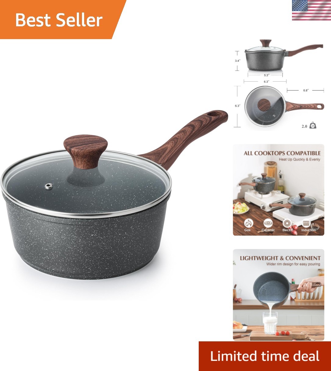 Compact 1.5 Quart Nonstick Cooking Pot with Stay-Cool Handle & PFOA Free