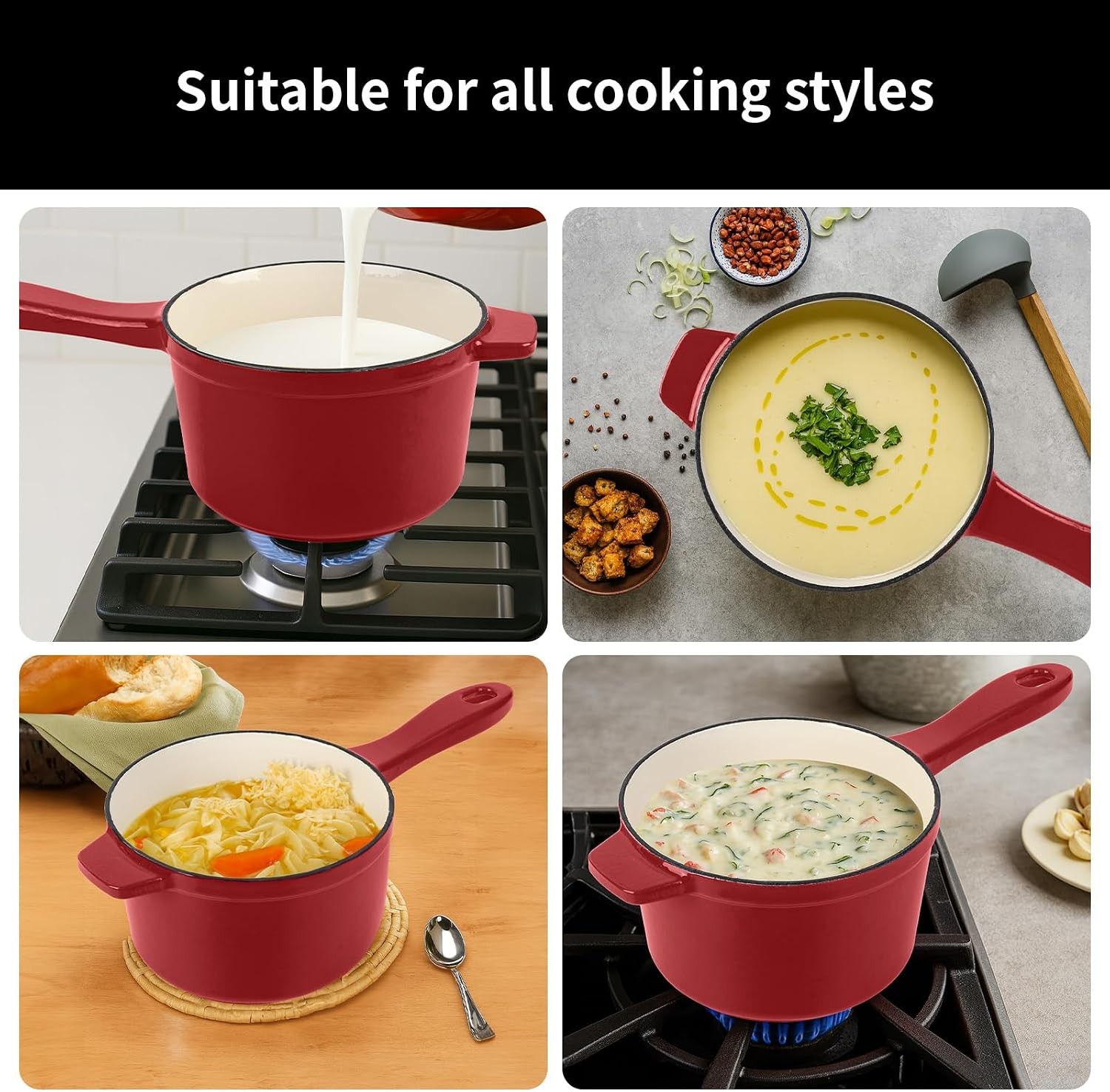 Enameled Cast Iron Sauce Pan with Lid, 1.7 Quart Saucepan with Lid, Small Dutch