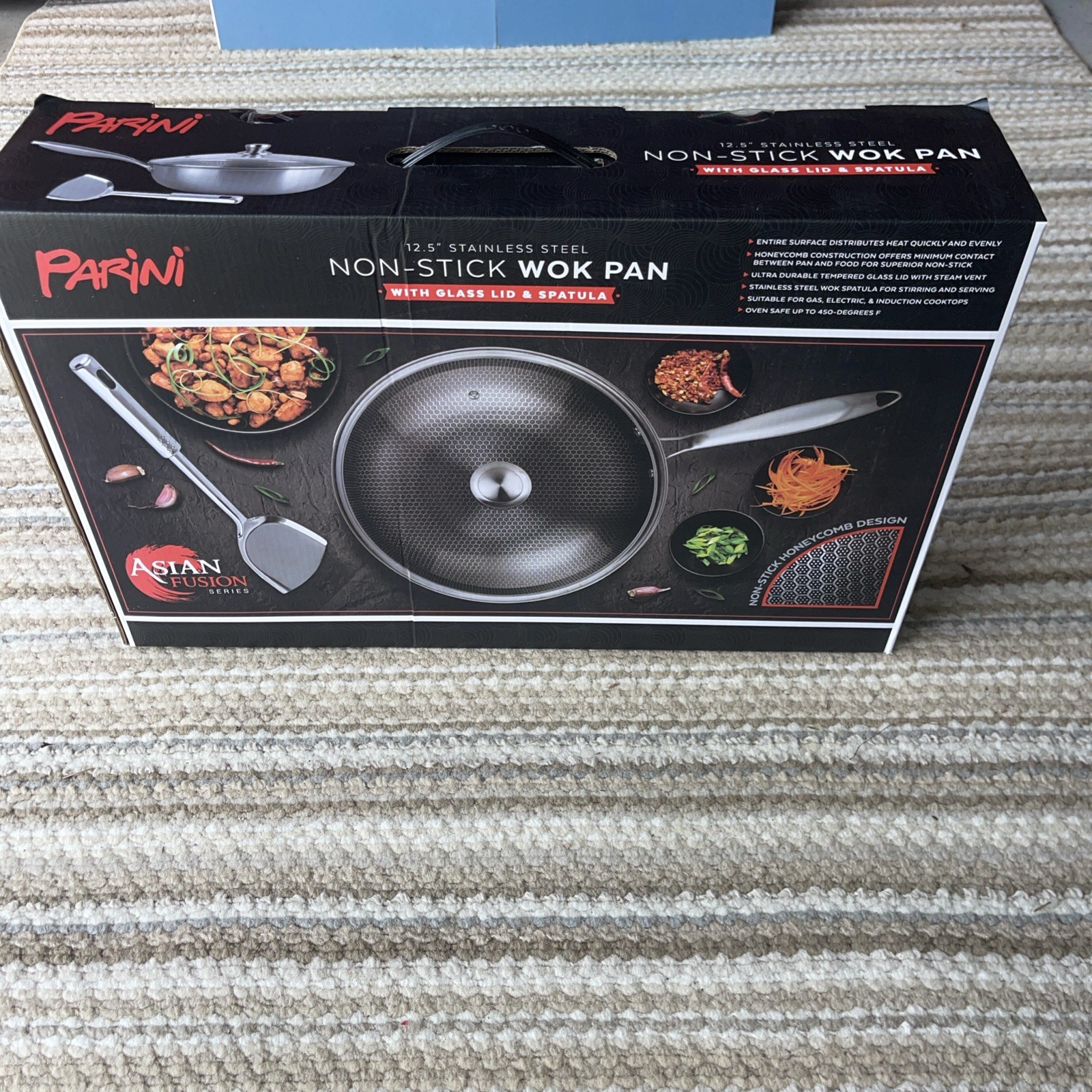 Parini 12.5″ Stainless Steel Non-Stick WOK Pan W/Glass Lid & Spatula New In Box