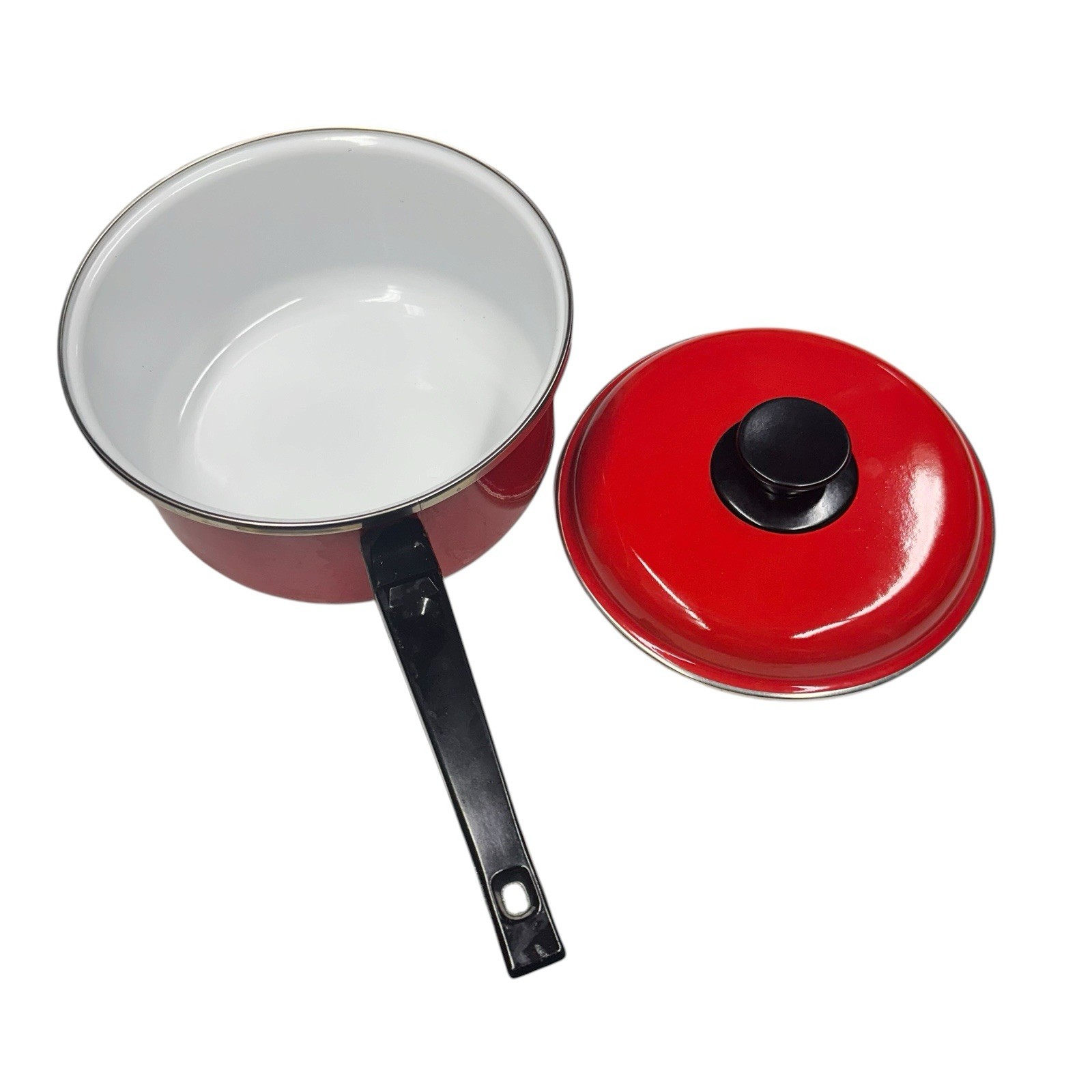 Vintage San Ignacio Spain Red Enamel Saucepan w Lid White Interior 3.5 Qt