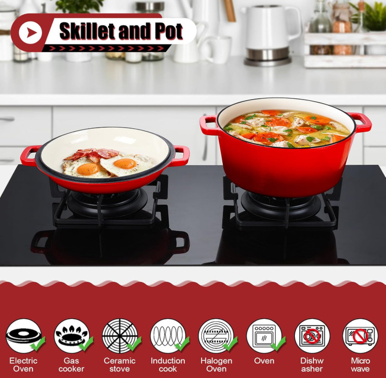 Olla holandesa hierro fundido 5QT 2 en 1 para pan horno y estofados roja, Nuevo