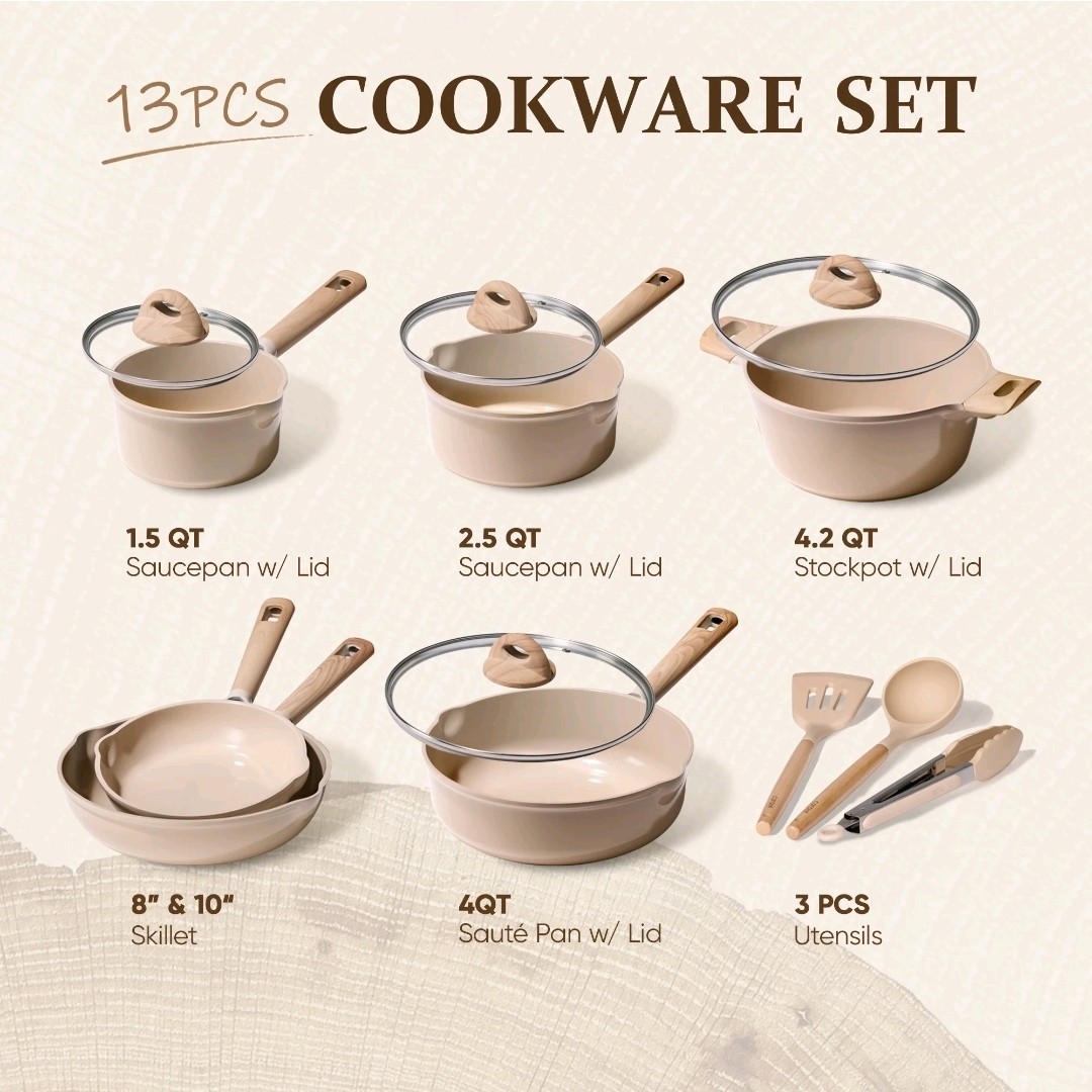 Carote 13Pcs Pots And Pans Set Non Stick Ceramic Cookware, Non-Toxic Kitchen Set