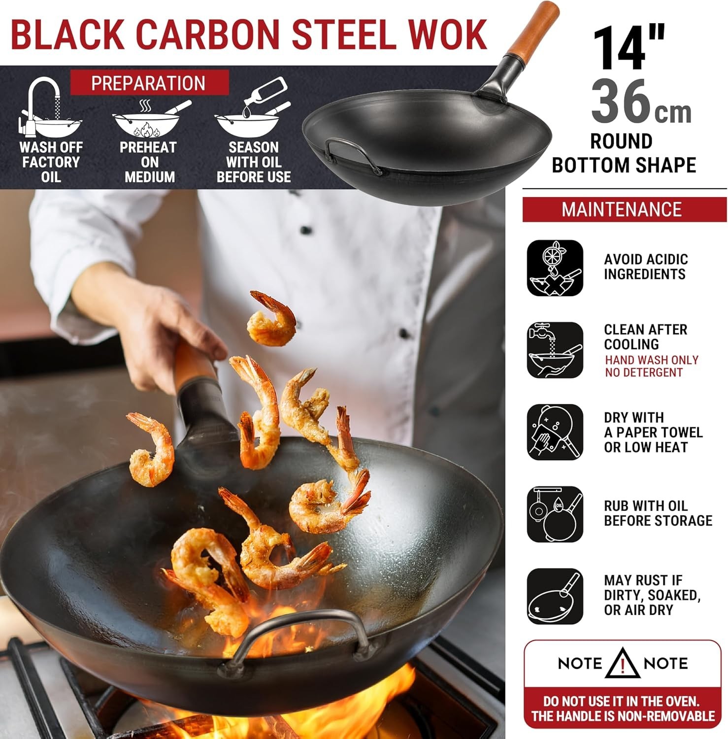 14″ Carbon Steel Wok with Round Bottom – Pre-Seasoned Pow Wok for Stir Fry – …