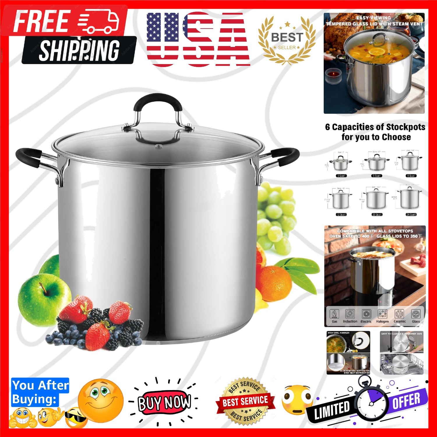 Professional 12 Quart Stainless Steel Stock Pot with Lid | Induction Cookware…