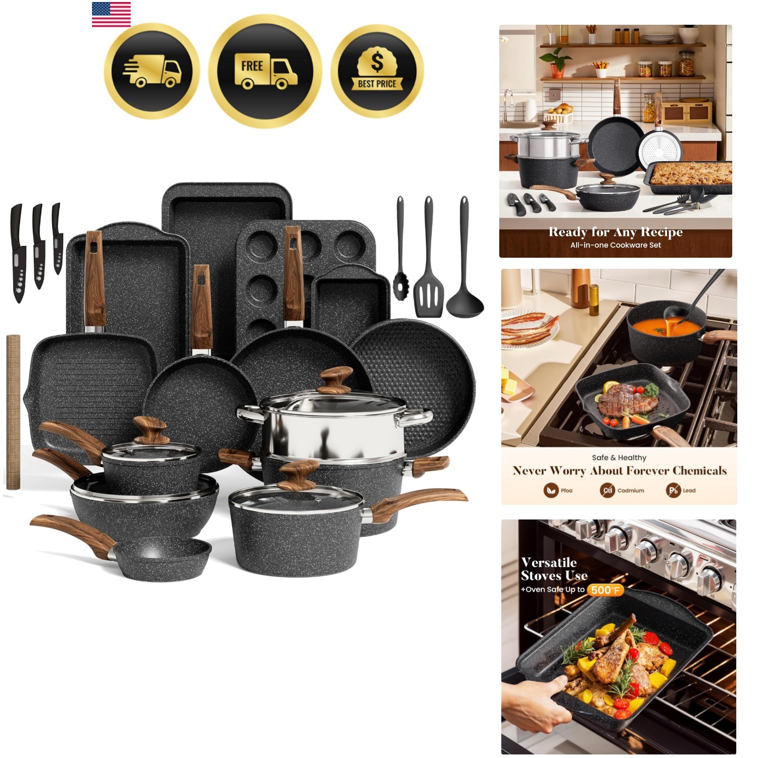 Kitchen Induction Cookware & Bakeware Set – 30 Piece Black Granite Cooking Pa…