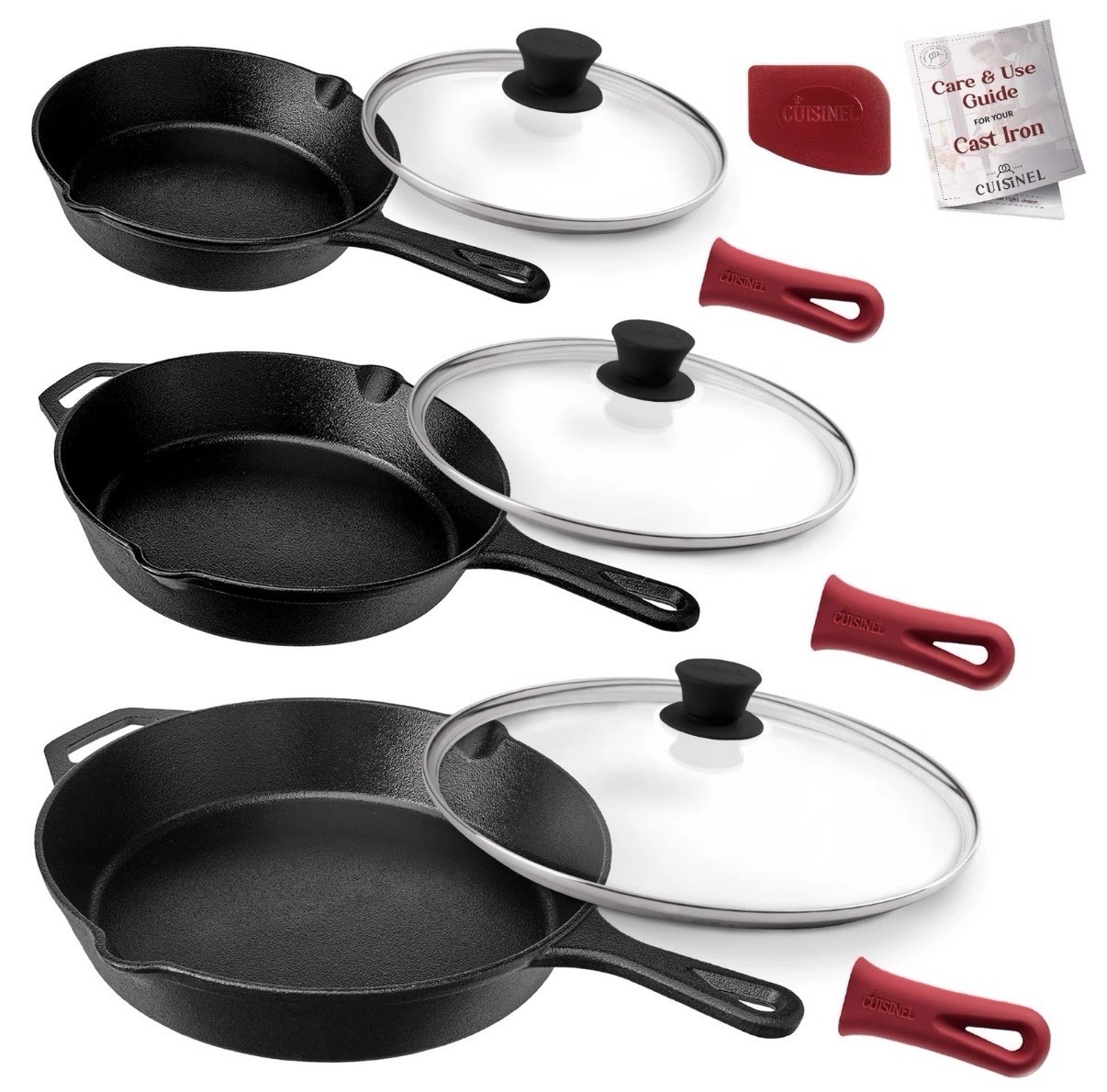 CUISINEL 6″ 8″ 10″ CAST IRON SKILLETS SET GLASS LIDS C12606-8-10-G – BLACK