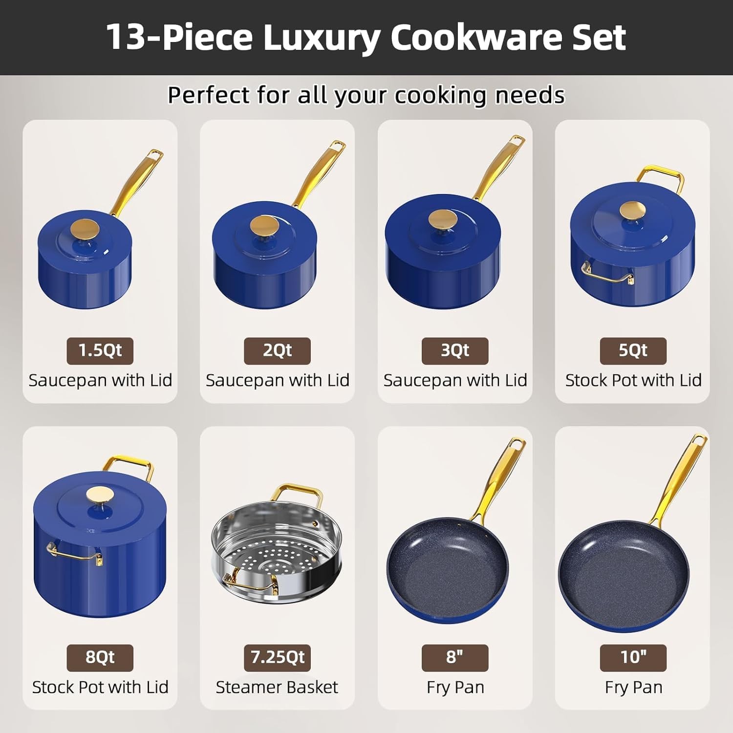 Nuwave Lux LE 13-Pc Cookware Set with Elegant Gold Handle, Diamond Infused Ceram