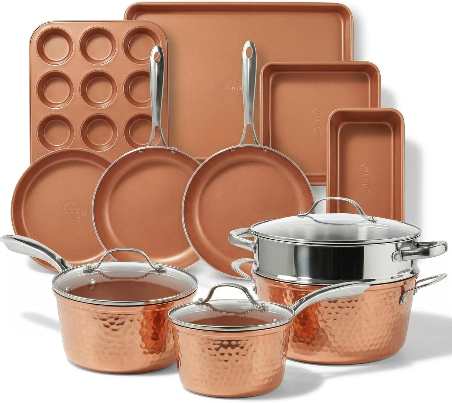 Hammered 15 Pc Ceramic Cookware Set Nonstick, Induction Pots and Pans Set Non St