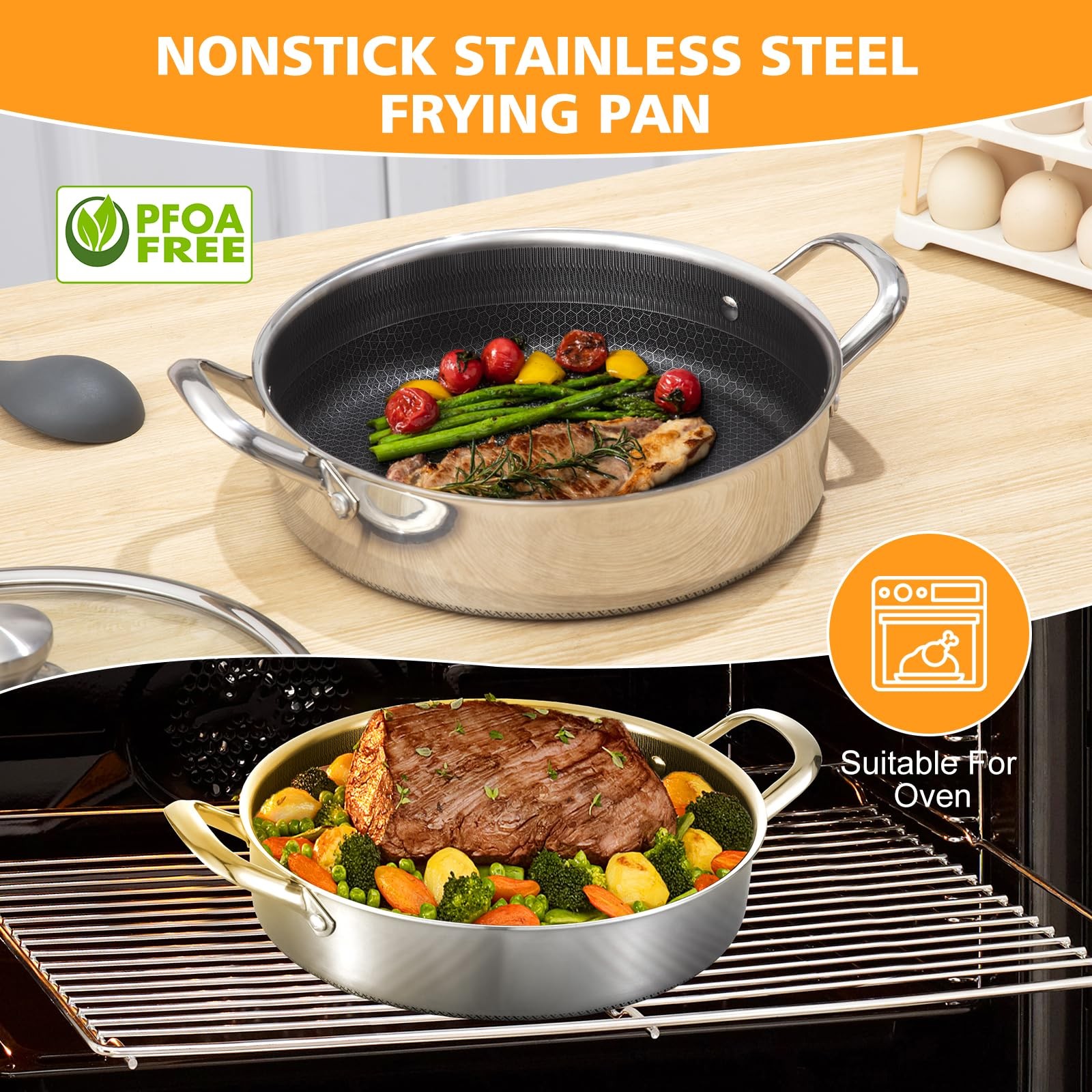 Stainless Steel 7QT Saute Pan 14 Inch Deep Frying Pan with Lid Nonstick,Hybird I