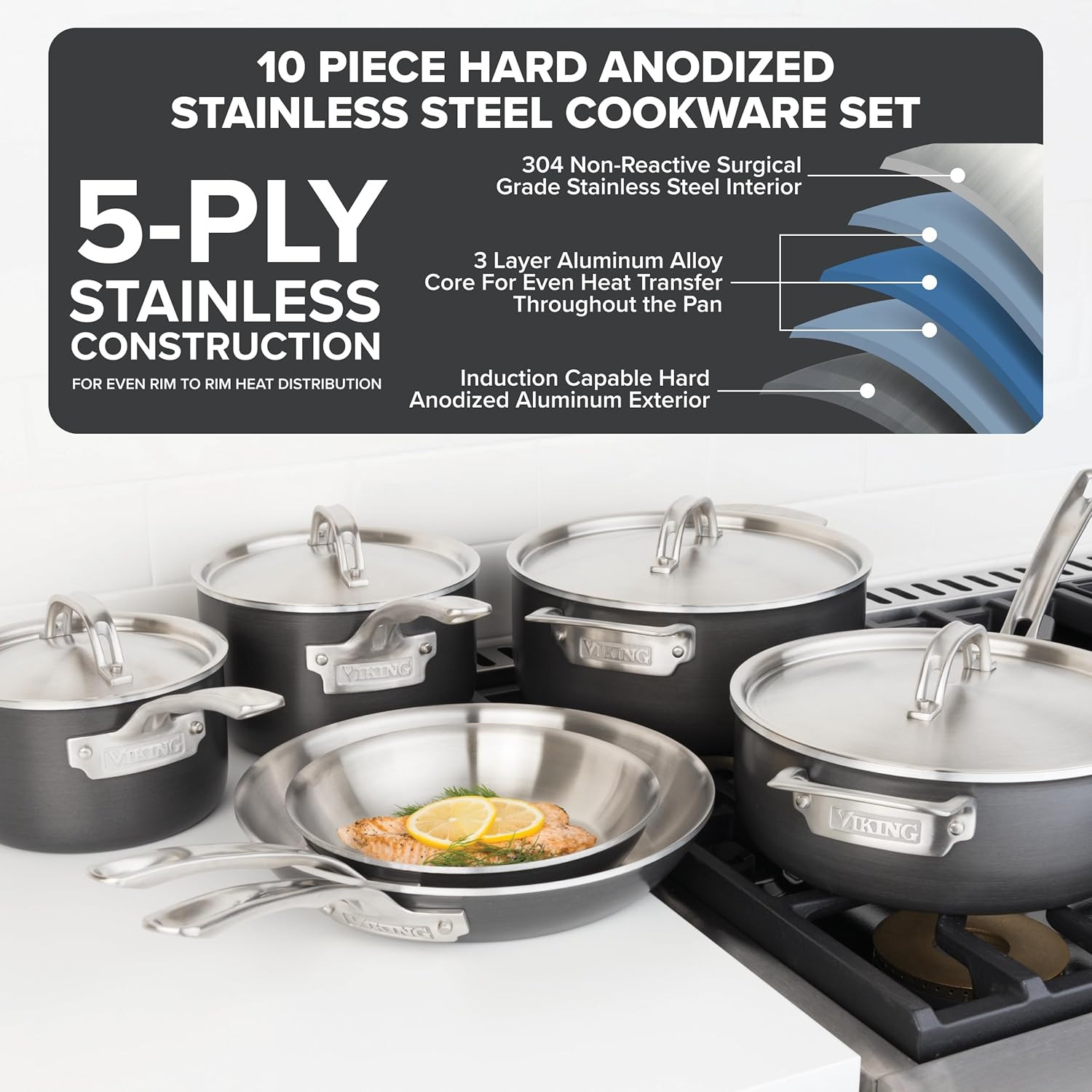 10-Piece 5-Ply Hard Anodized Cookware Set with Stainless Steel Lids