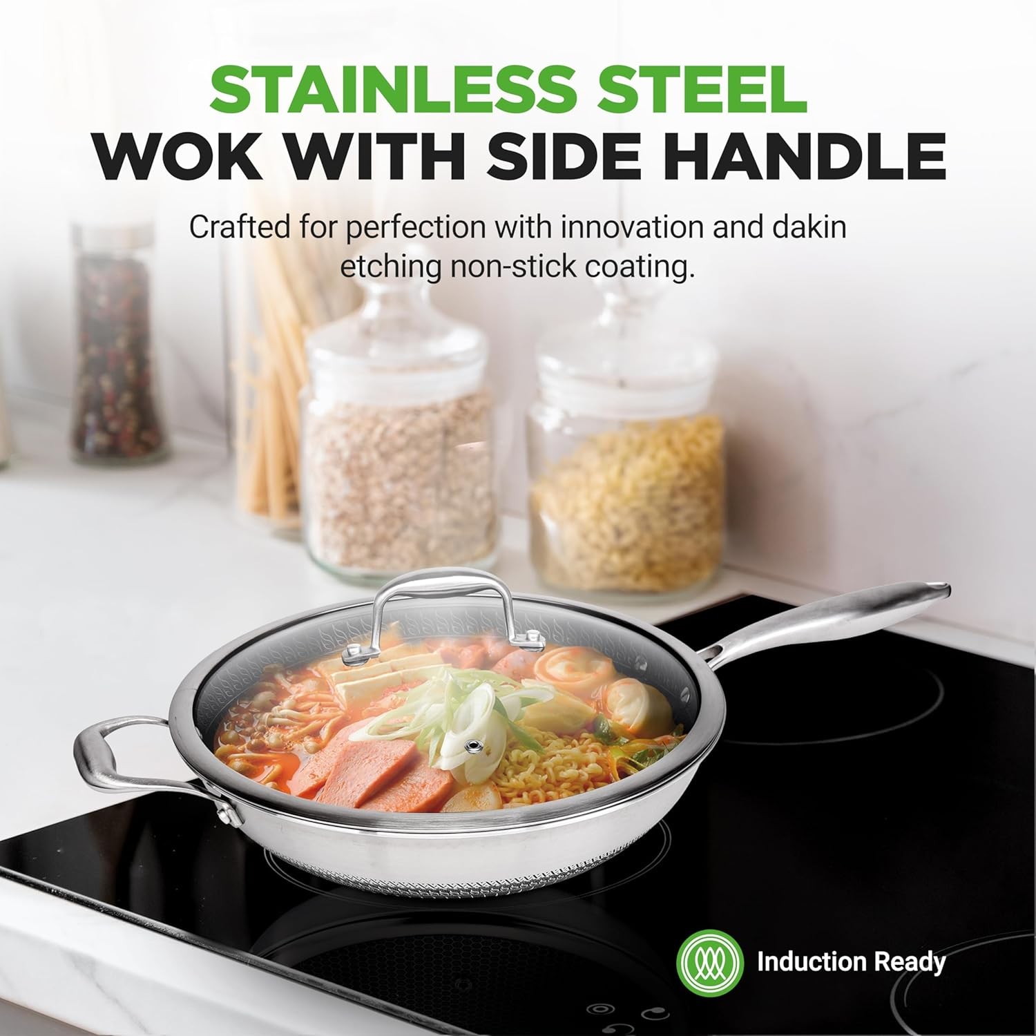 Nutrichef 12 Inch Stainless Steel Nonstick Wok 36 Quart Induction Cookware