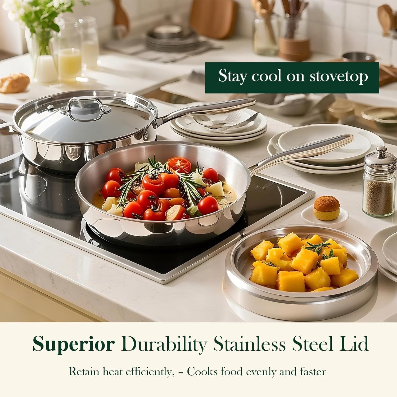12 Inch Tri-Ply Stainless Steel Frying Pan, Frying Pan with Lid, PFOA/PTFE Fr…
