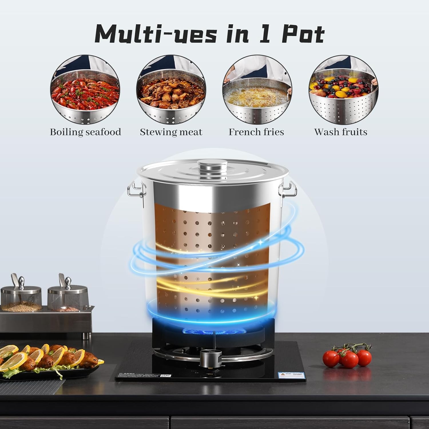 40/60/80 Quart Stainless Steel Seafood Boil Stock Pot with Lid & Strainer Cooker