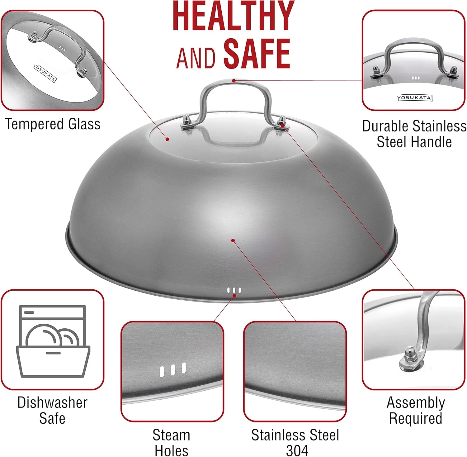 Wok Lid 12.8 In 13.5-In Wok Premium Stainless Steel Cover W/ Tempered Glass