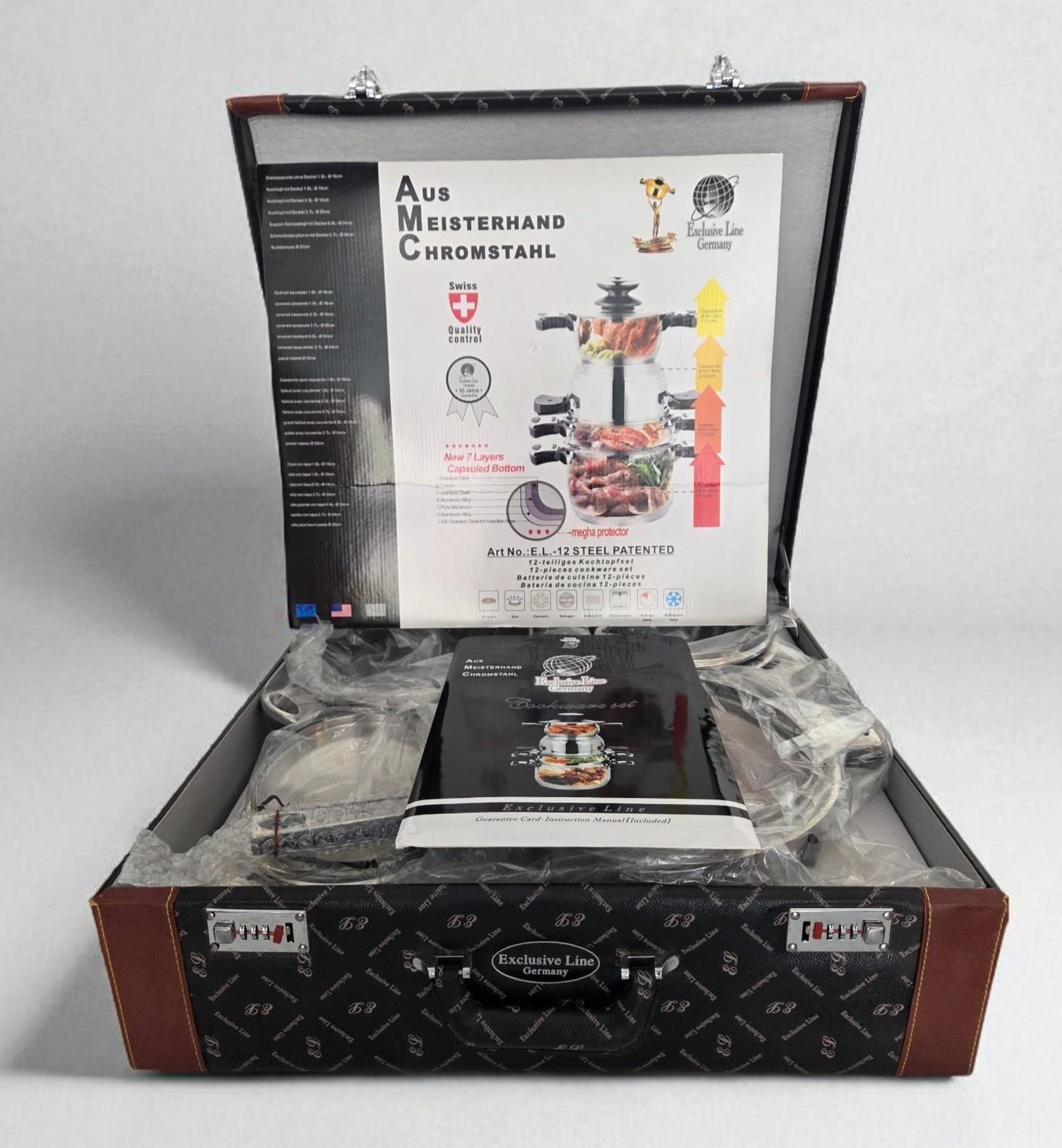 12 PC AUS MEISTERHAND CHROMSTAH COOKWARE IN CARRYING CASE “RARE BRAND NEW”