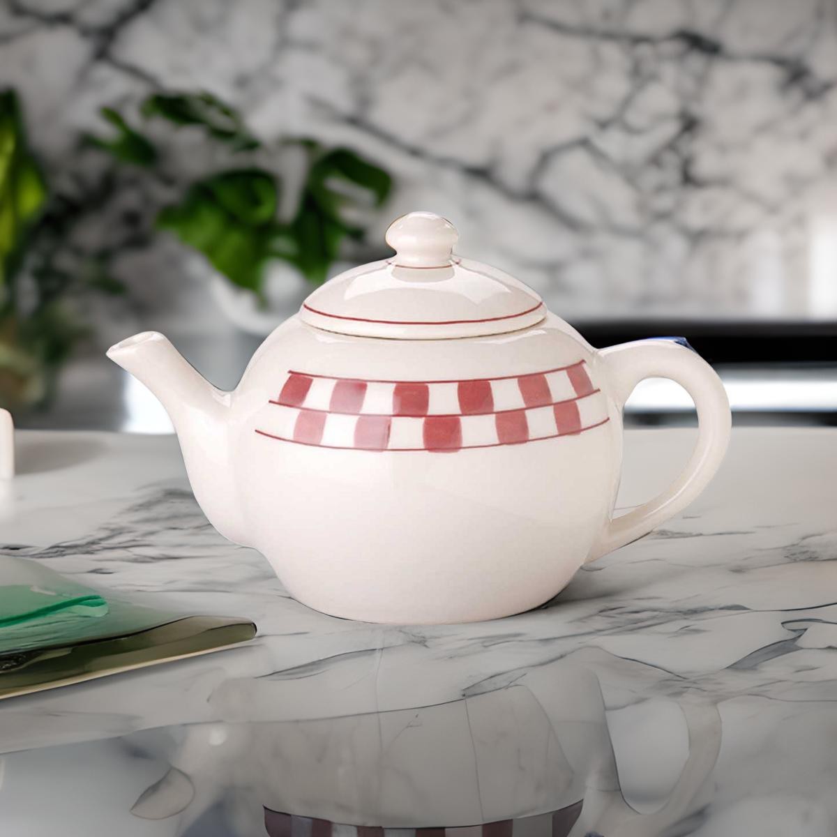 Teapot Red/White Handpainted Checkmate Stoneware 64 OZ | Renovator’s Supply
