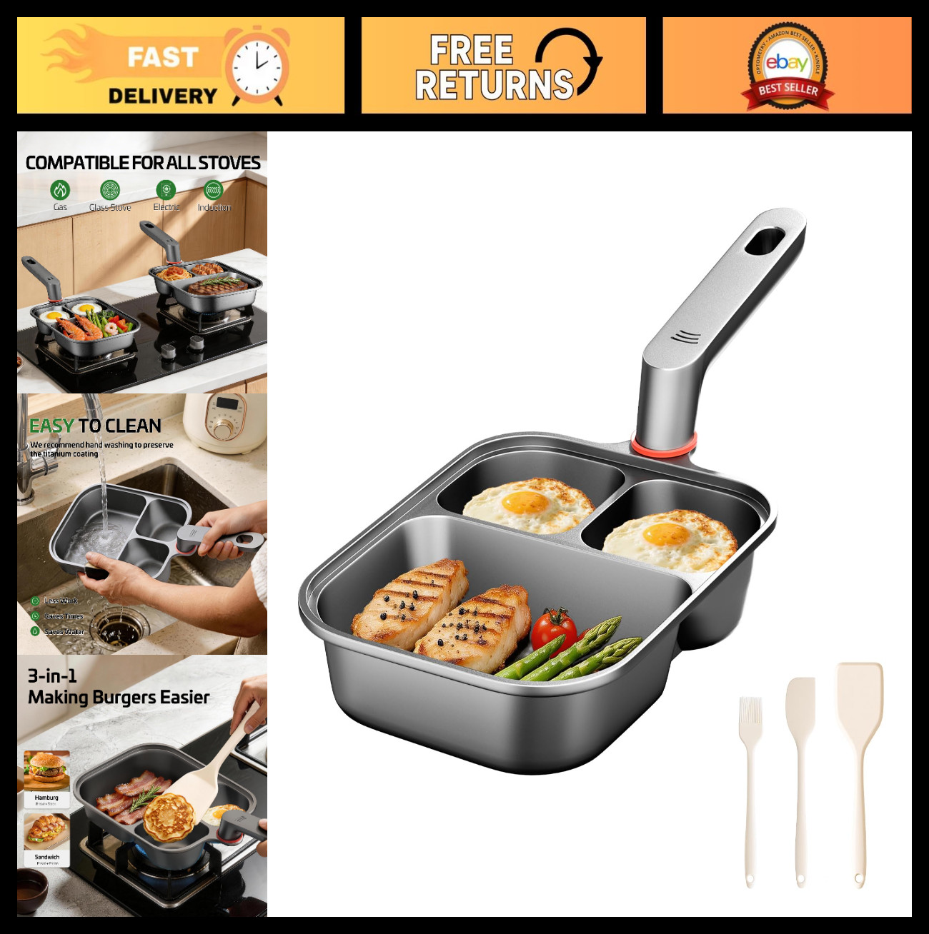 Nonstick Titanium Egg Pan – 3-in-1 Divided Breakfast Frying Pan & Cooker for Gas